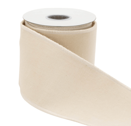 Ivory velvet wired ribbon roll, 4 inches wide, cream-colored fabric on spool