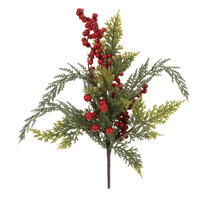 Artificial cedar and red berry spray pick, 16 inches tall, green fronds with clusters of red berries