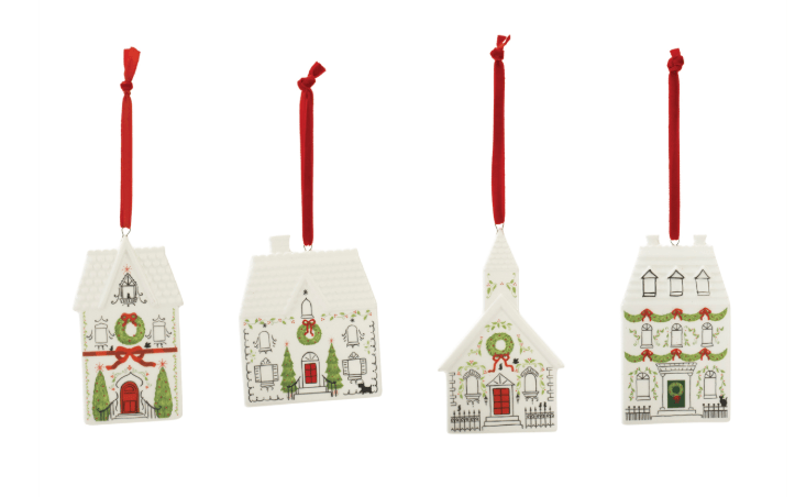 Set of four white dolomite Christmas house and church ornaments with red ribbon hangers