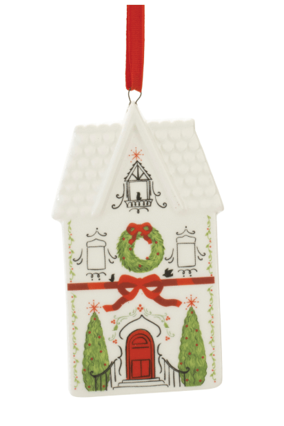 White dolomite church ornament with Christmas wreath, red ribbon, and green trees
