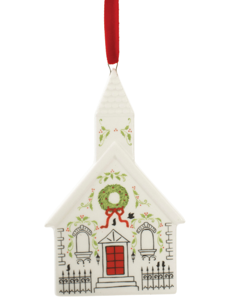 White dolomite church ornament with Christmas wreath, holly, red door, red ribbon hanger