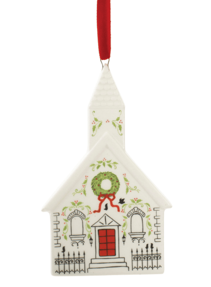 White dolomite church ornament with Christmas wreath, holly, red door, red ribbon hanger