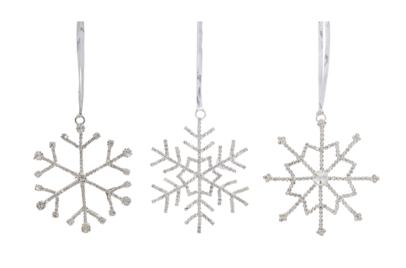 Three silver glitter and rhinestone snowflake ornaments with ribbon hangers, 3.5 inch