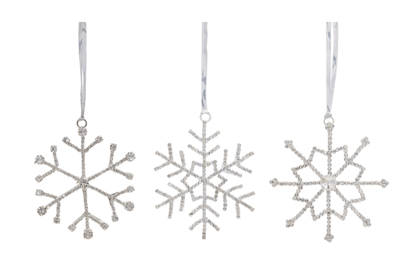 Three silver glitter and rhinestone snowflake ornaments with ribbon hangers, 3.5 inch
