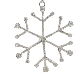 Crystal rhinestone snowflake ornament with silver metal frame and hanging loop