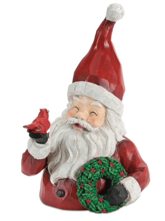Red and white resin Santa Claus bust holding cardinal bird and holly wreath 9.5 inch