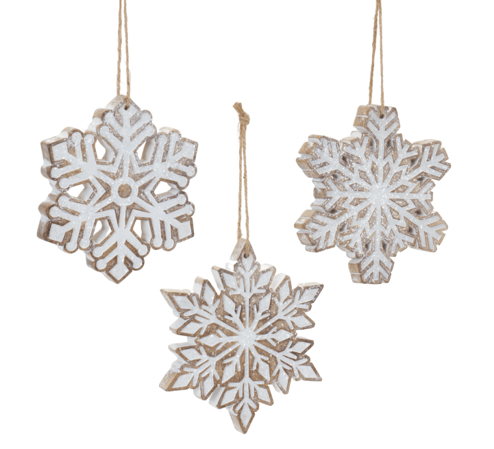 Three whitewashed carved wood snowflake ornaments with jute twine hangers, 4.75 inch