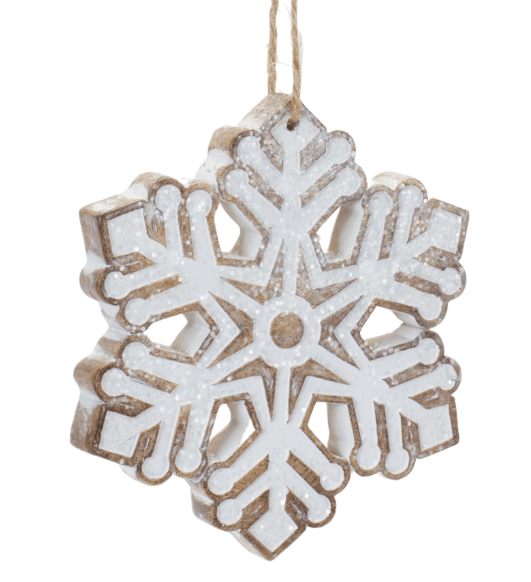 Wooden snowflake ornament with white glitter finish and rustic brown edges, jute hanger