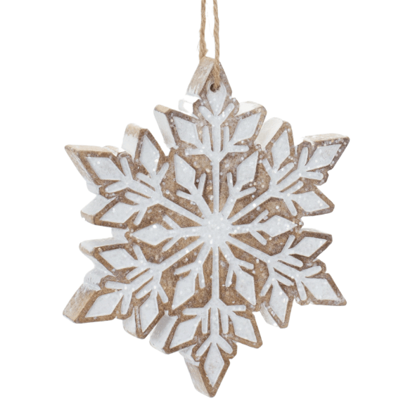 Wooden snowflake ornament with white painted detail and twine hanger, natural brown finish