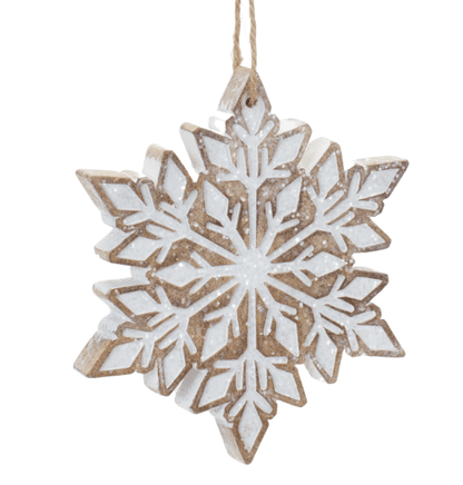 Wooden snowflake ornament with white painted detail and twine hanger, natural brown finish