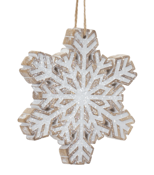Wooden snowflake Christmas ornament, white glitter paint, natural wood edges, jute hanging string