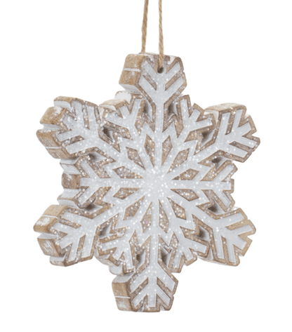Wooden snowflake Christmas ornament, white glitter paint, natural wood edges, jute hanging string