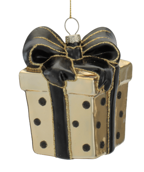 Gold and black polka dot glass gift box Christmas ornament with glitter bow