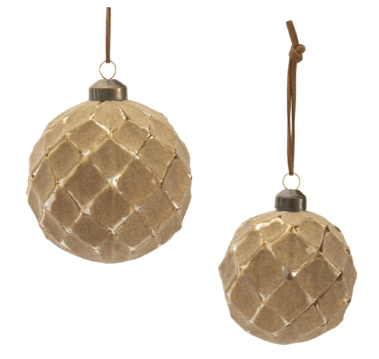 Set of two tan gold diamond-pattern glass Christmas ornaments in 3 and 4 inch sizes