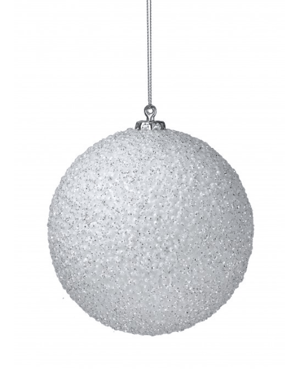 White beaded glitter ball Christmas ornament with silver cap and hanging cord