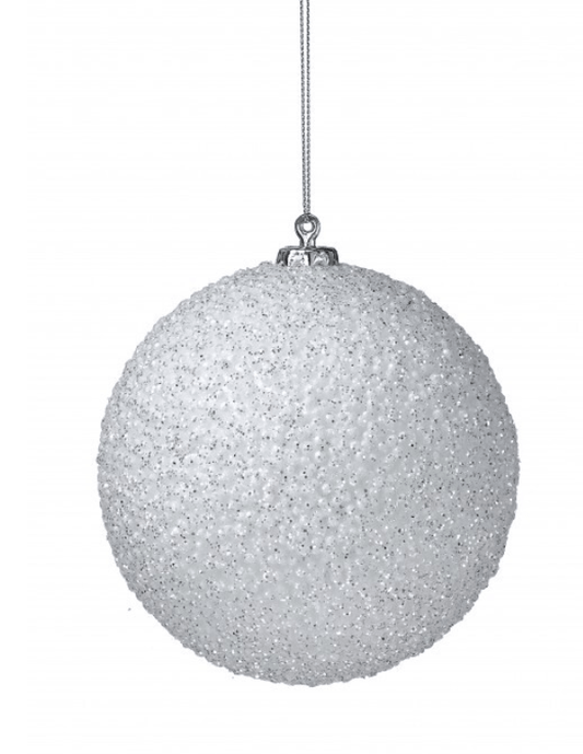 White beaded glitter ball Christmas ornament with silver cap and hanging cord