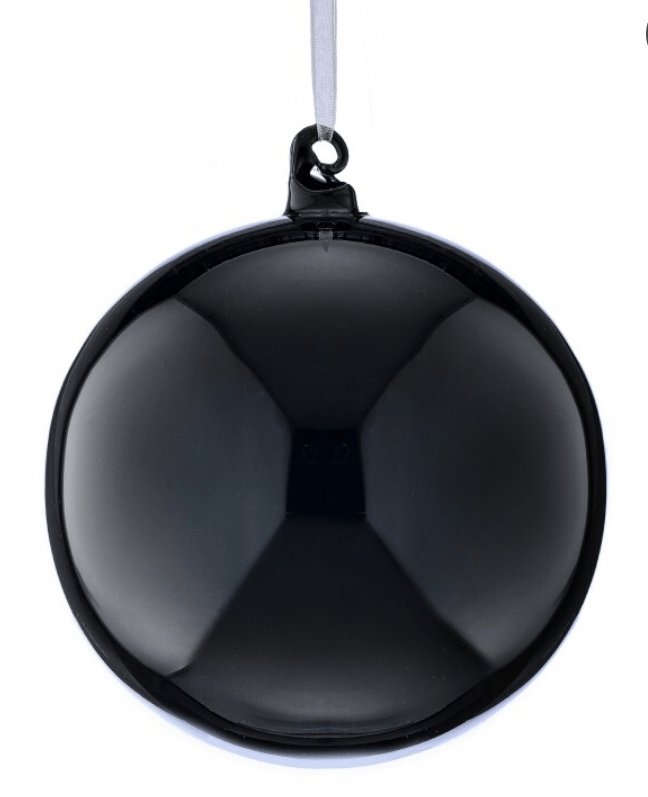Shiny black glass ball Christmas ornament hanging from white ribbon, 6 inch