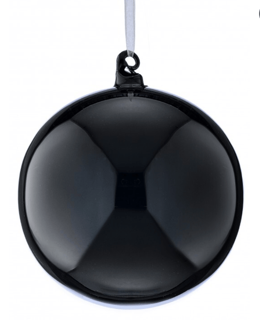 Shiny black glass ball Christmas ornament hanging from white ribbon, 6 inch