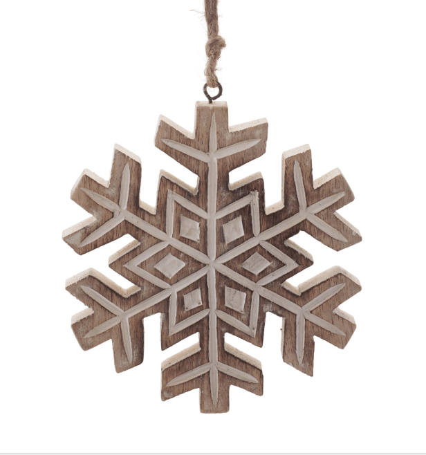 Carved wooden snowflake ornament with geometric pattern and natural grain finish, jute hanger