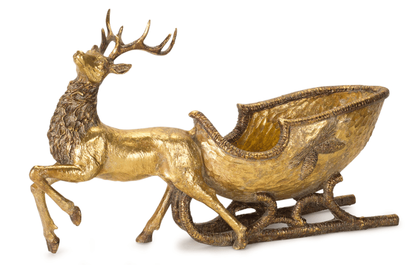 Gold metallic reindeer figurine pulling an ornate sleigh, Christmas holiday decor