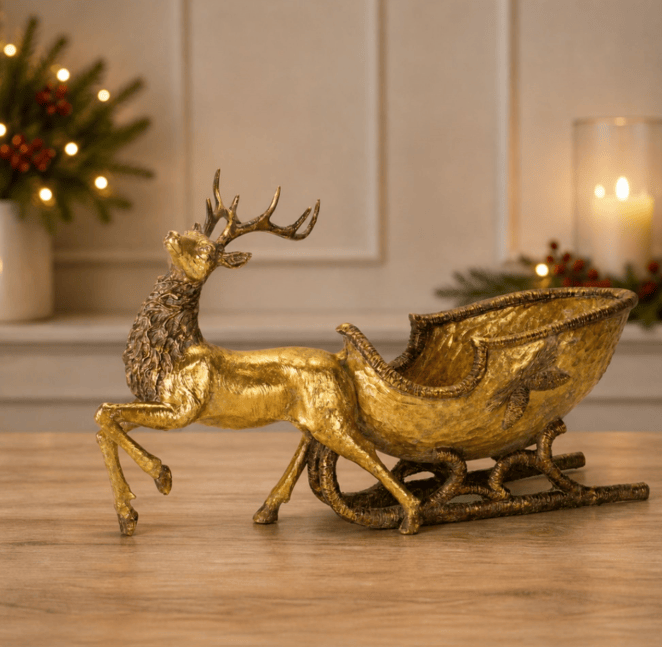 Melrose gold reindeer and sleigh decorative figurine Christmas holiday décor