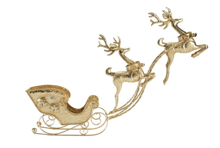 Gold metallic Santa sleigh with two leaping reindeer figurine, 36 inches long