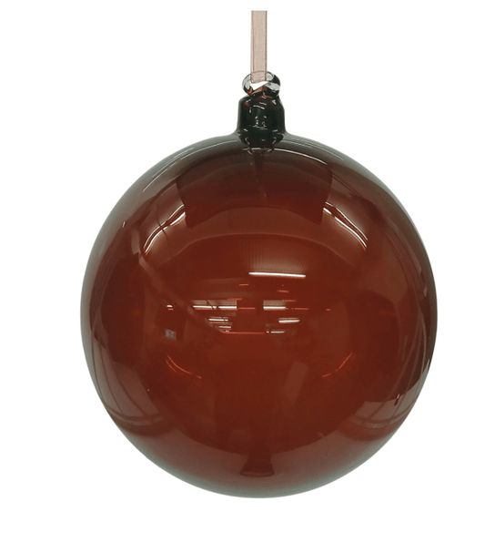 Dark amber transparent glass ball ornament 5 inch diameter with ribbon hanger