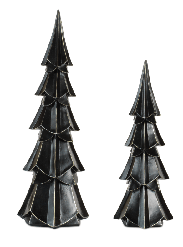 Set of two black resin Christmas trees with gold edging in large and small sizes