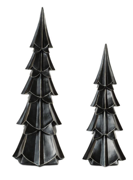 Set of two black resin Christmas trees with gold edging in large and small sizes
