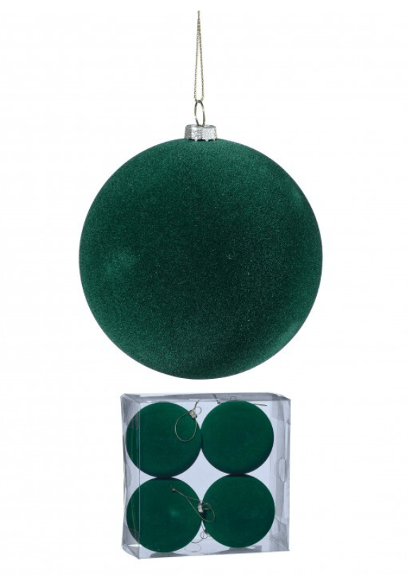 Set of 4 green flocked 100MM plastic Christmas ball ornaments in clear box