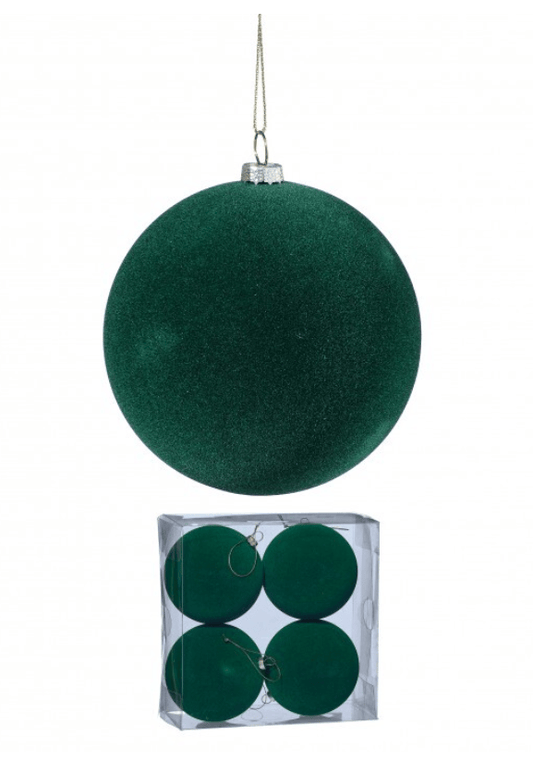 Set of 4 green flocked 100MM plastic Christmas ball ornaments in clear box