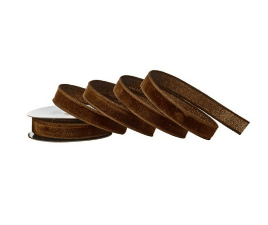Chocolate brown glitter-backed velvet ribbon rolls, one on spool and four stacked