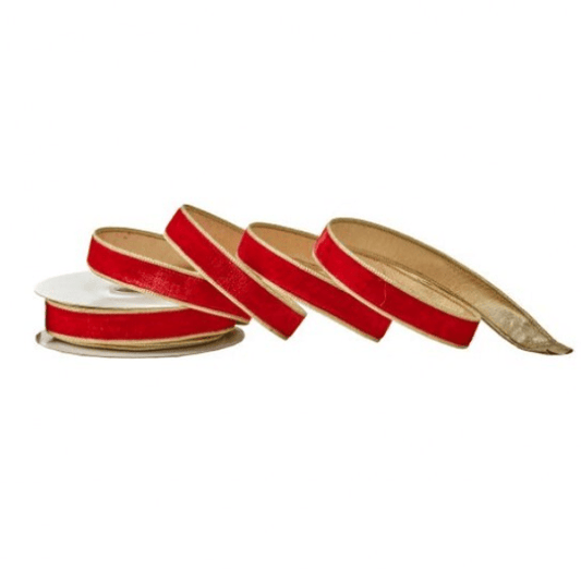 Red velvet ribbon with gold metallic dupion backing on spools, 1 inch wide