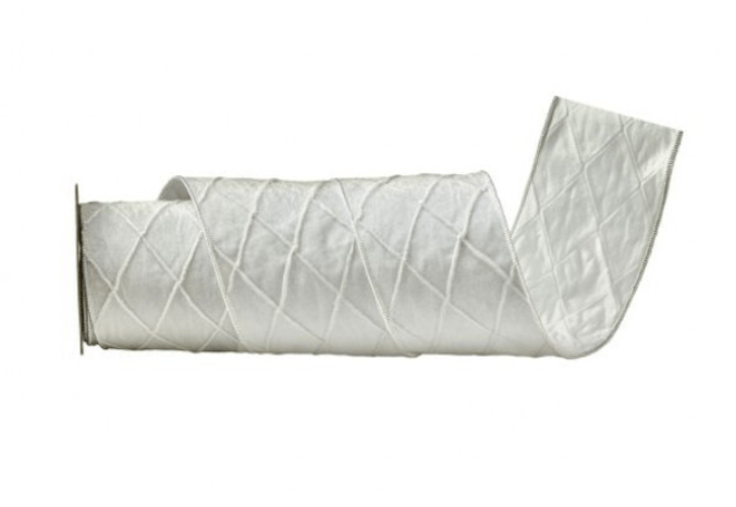 White quilted trellis pattern velvet wired ribbon roll, 4 inches wide