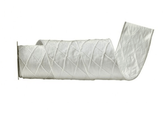 White quilted trellis pattern velvet wired ribbon roll, 4 inches wide