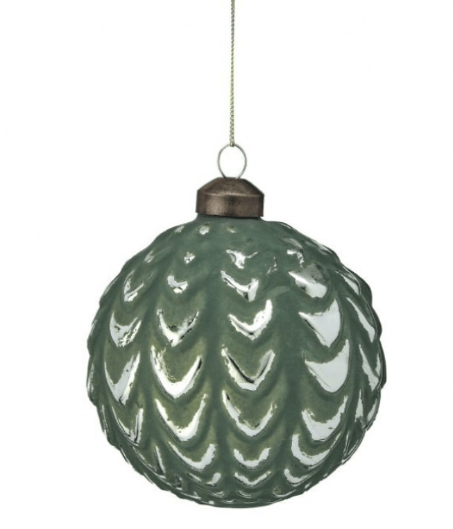 Sage green glass ball ornament with embossed pinecone scale pattern and bronze metal cap