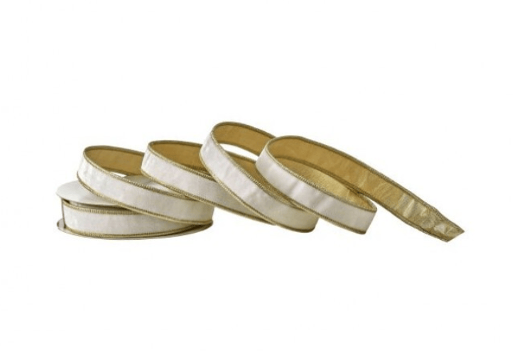Ivory and gold velvet ribbon rolls with metallic dupion backing, 1 inch wide