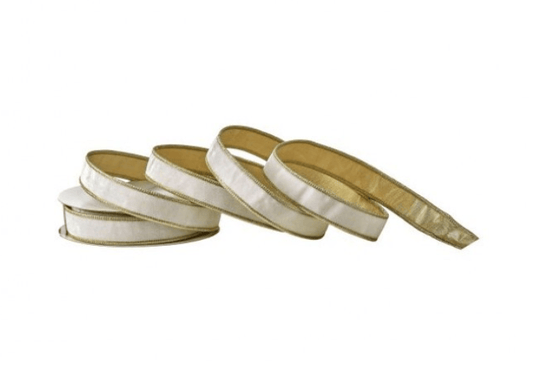 Ivory and gold velvet ribbon rolls with metallic dupion backing, 1 inch wide