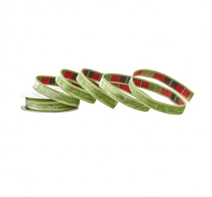 Sage green velvet ribbon spool with red and green plaid backing, 1 inch wide