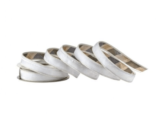 White velvet ribbon rolls with tan plaid backing, 1 inch wide, set of five spools