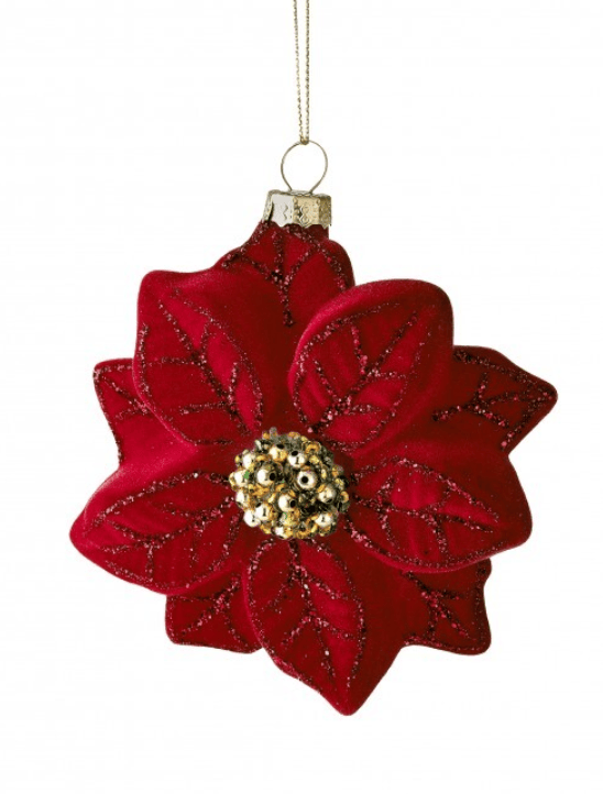 Red flocked glass poinsettia Christmas ornament with gold beaded center and glitter accents