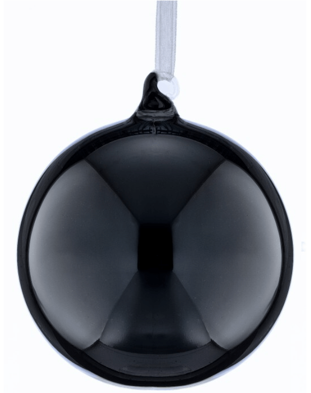 Shiny black glass ball Christmas ornament hanging from white ribbon