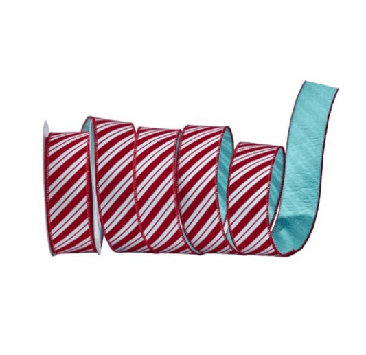 Red and white diagonal striped velvet ribbon roll with teal felt backing