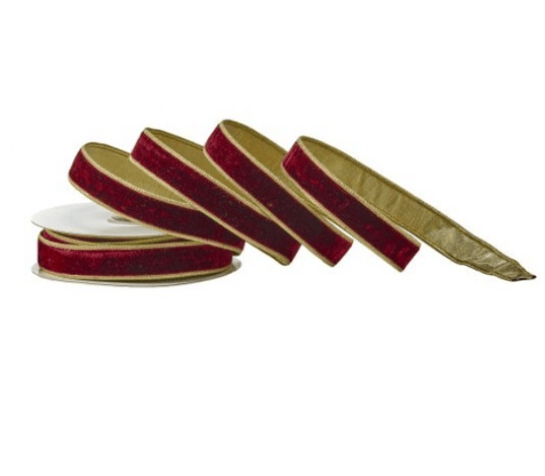 Burgundy and gold velvet ribbon spool with metallic dupion backing, 1 inch wide