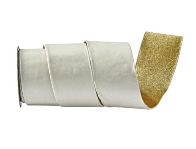 Ivory velvet wired ribbon roll with gold glitter backing, 4 inches wide