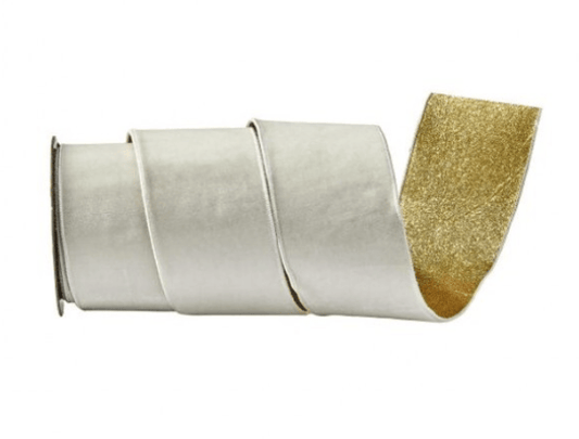Ivory velvet wired ribbon roll with gold glitter backing, 4 inches wide
