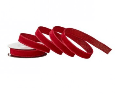 Red velvet ribbon with glitter backing on spool and unrolled coil, 1 inch wide
