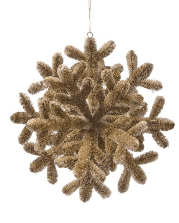 Gold champagne fiber antler 3D snowflake Christmas ornament with rustic texture