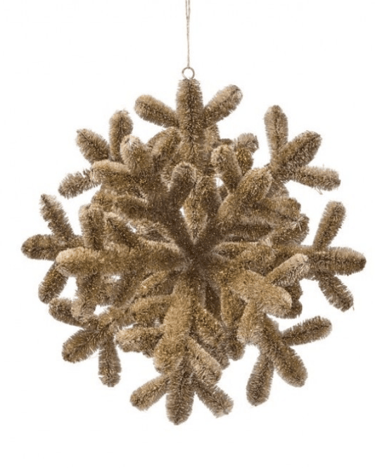 Gold champagne fiber antler 3D snowflake Christmas ornament with rustic texture