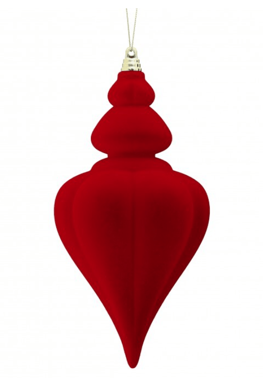 Red flocked finial ornament with ribbed neck detail and gold hanging cap, 9 inch